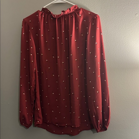 LOFT XS Burgundy Floral Tie Neck Blouse Cottagecore Boho Long Sleeve - Picture 8 of 8